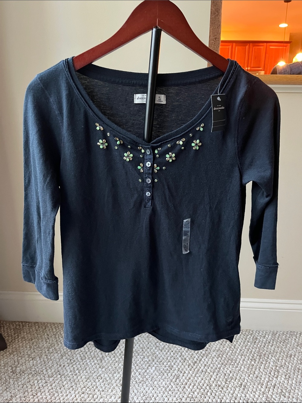 Abercrombie Navy Knit Henley Top with Floral Embellishments - NWT!